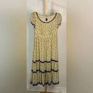 Ochirly -Floral Tiered Midi Dress Blue Yellow Boho Cottagecore Size M